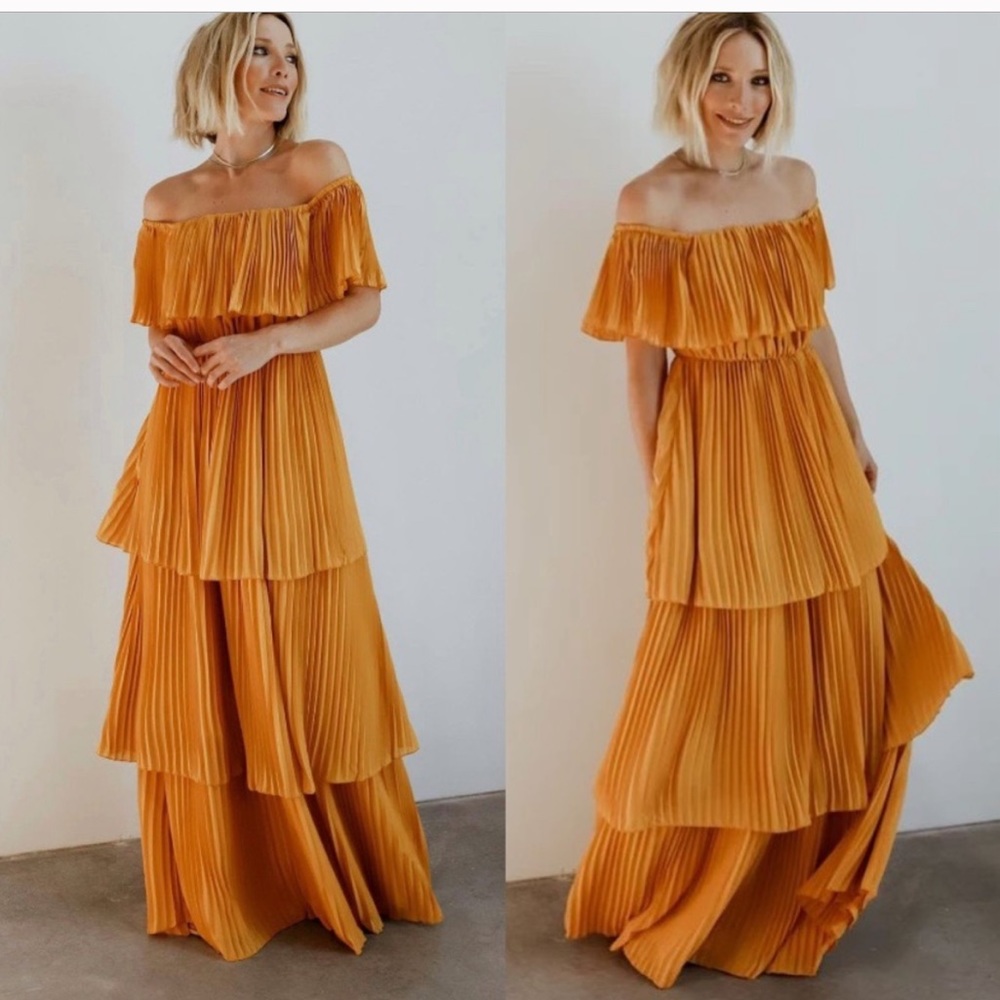 Baltic Born Leslie Tiered Pleated Maxi Dress Mustard Yellow Off The Shou…